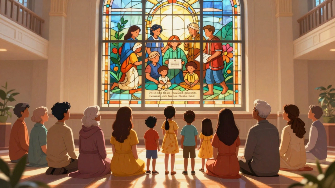 Multi-generational family looking at a stained-glass window.