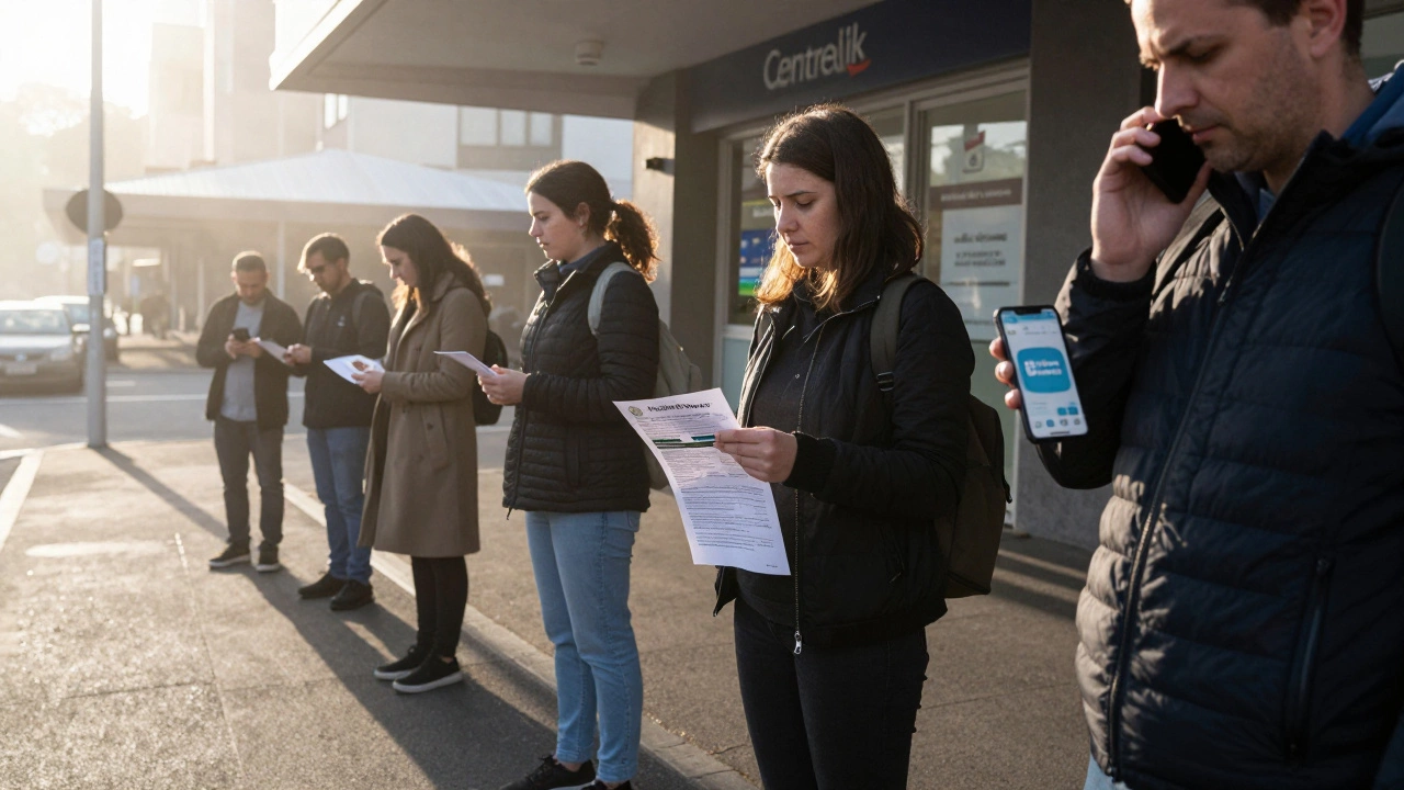 People waiting outside a Centrelink office at dawn with documents in hand.