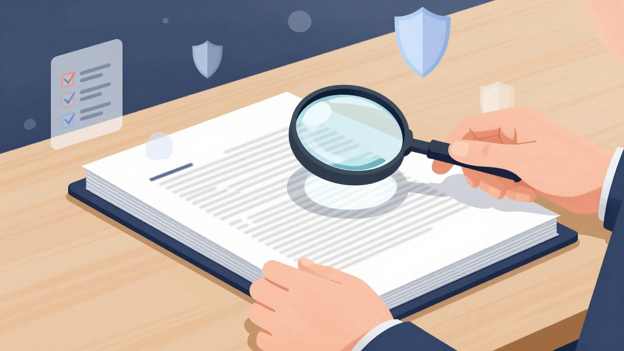 Person examining documents with magnifying glass for charity verification.