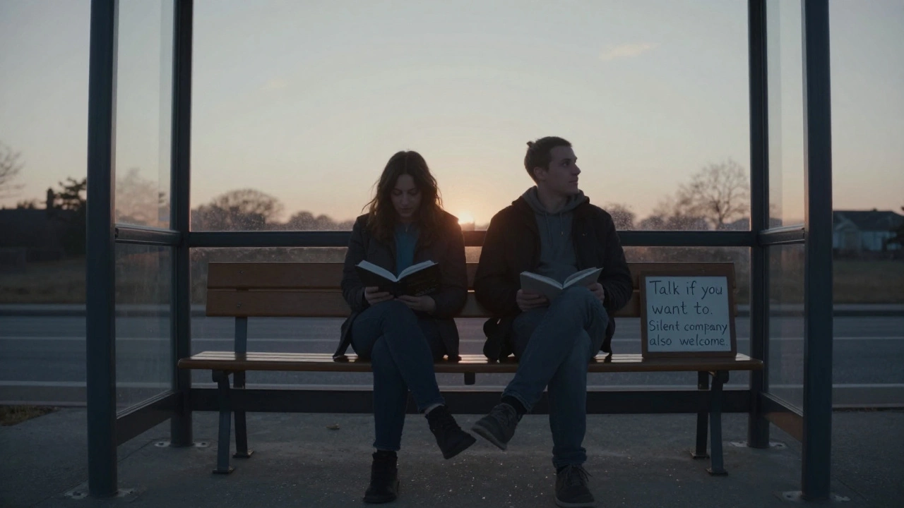 Two people sitting quietly on a bench at a tram stop, offering silent companionship at sunset.