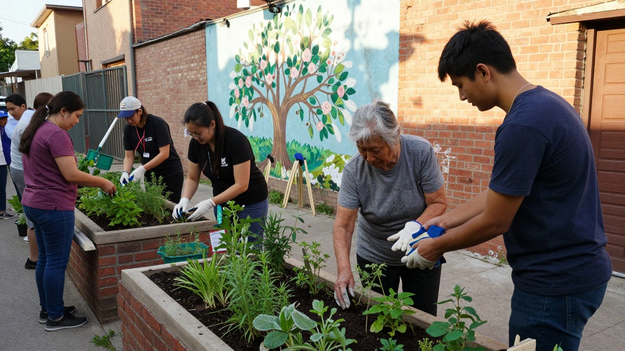 Volunteers planting a community garden in a repurposed alley with tools and gloves nearby.