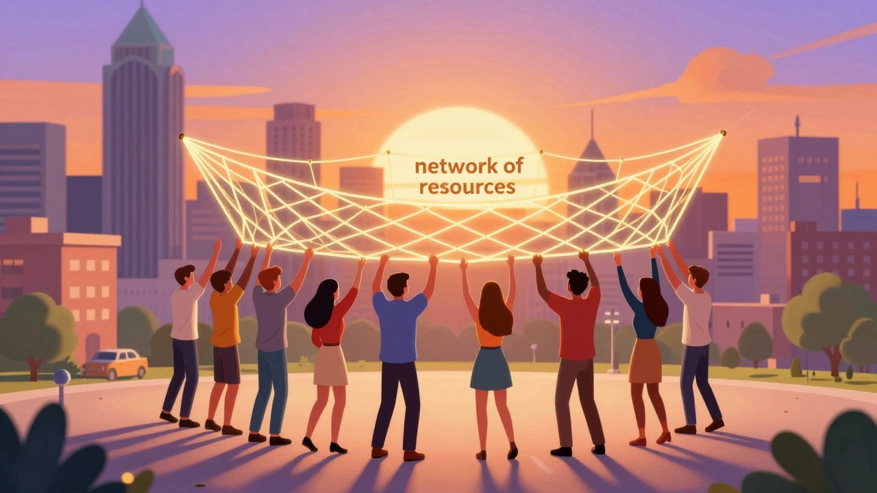 Conceptual illustration of people being supported by a glowing golden grid in a city.