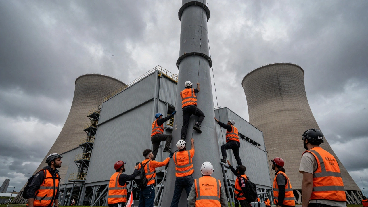 Environmental activists scaling a large industrial coal power plant during a protest.