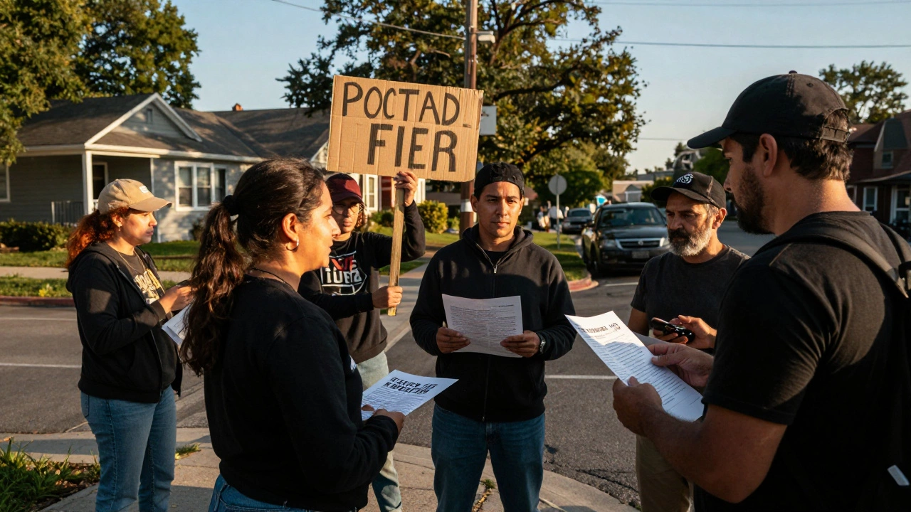 Local residents gathering on a street corner for grassroots organizing.