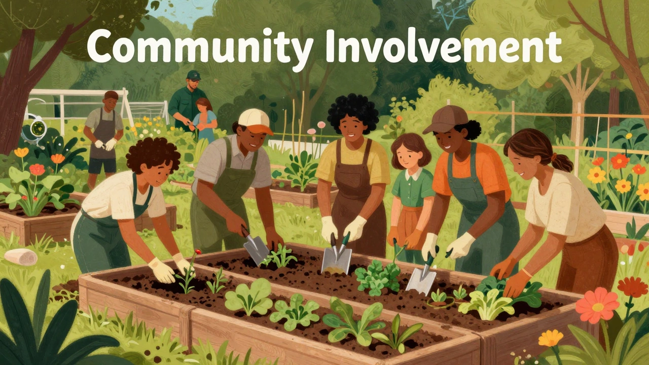 Neighbors working together in a community garden to plant vegetables.