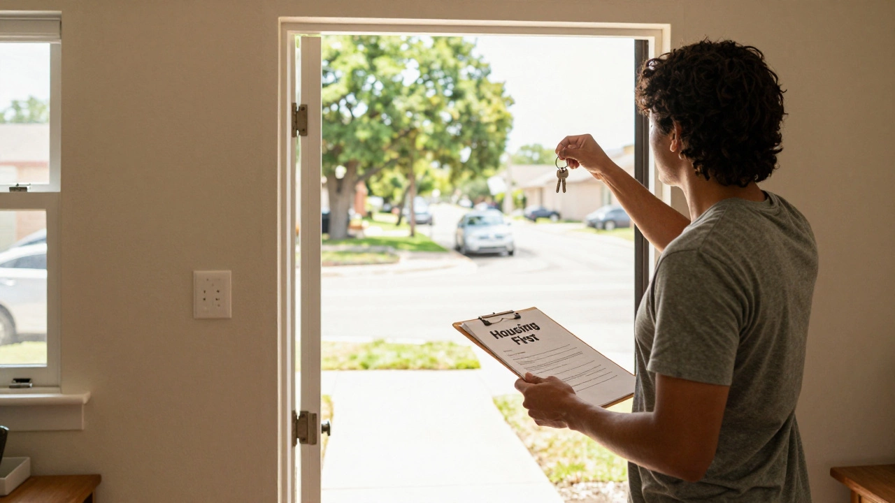 Person standing in the doorway of a new apartment holding house keys.