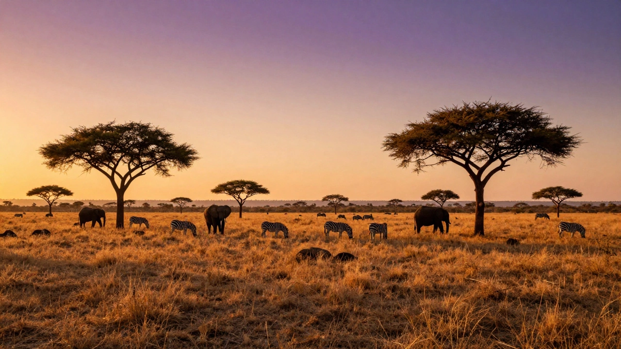 African savanna landscape with zebras and elephants under golden sunset sky