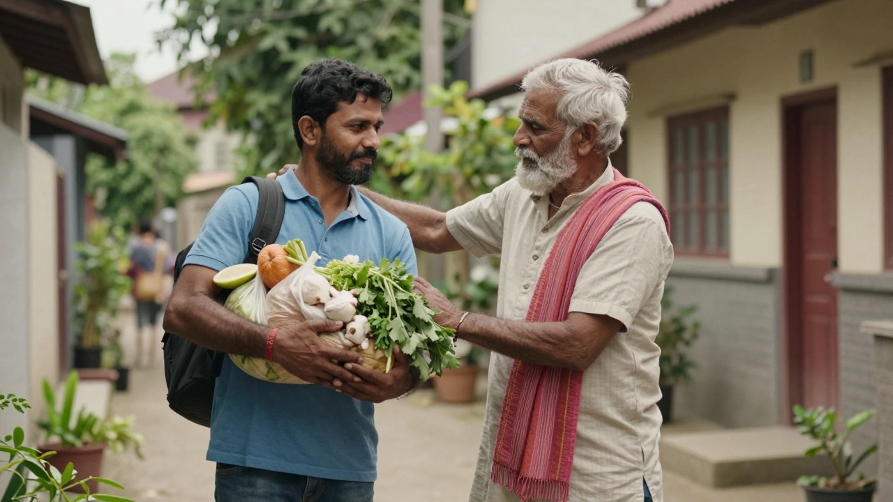 An informal volunteering scene in an Indian neighborhood where a younger person is assisting an elderly neighbor with carrying groceries. The image captures a moment of care and community support in a residential setting with soft, natural lighting.