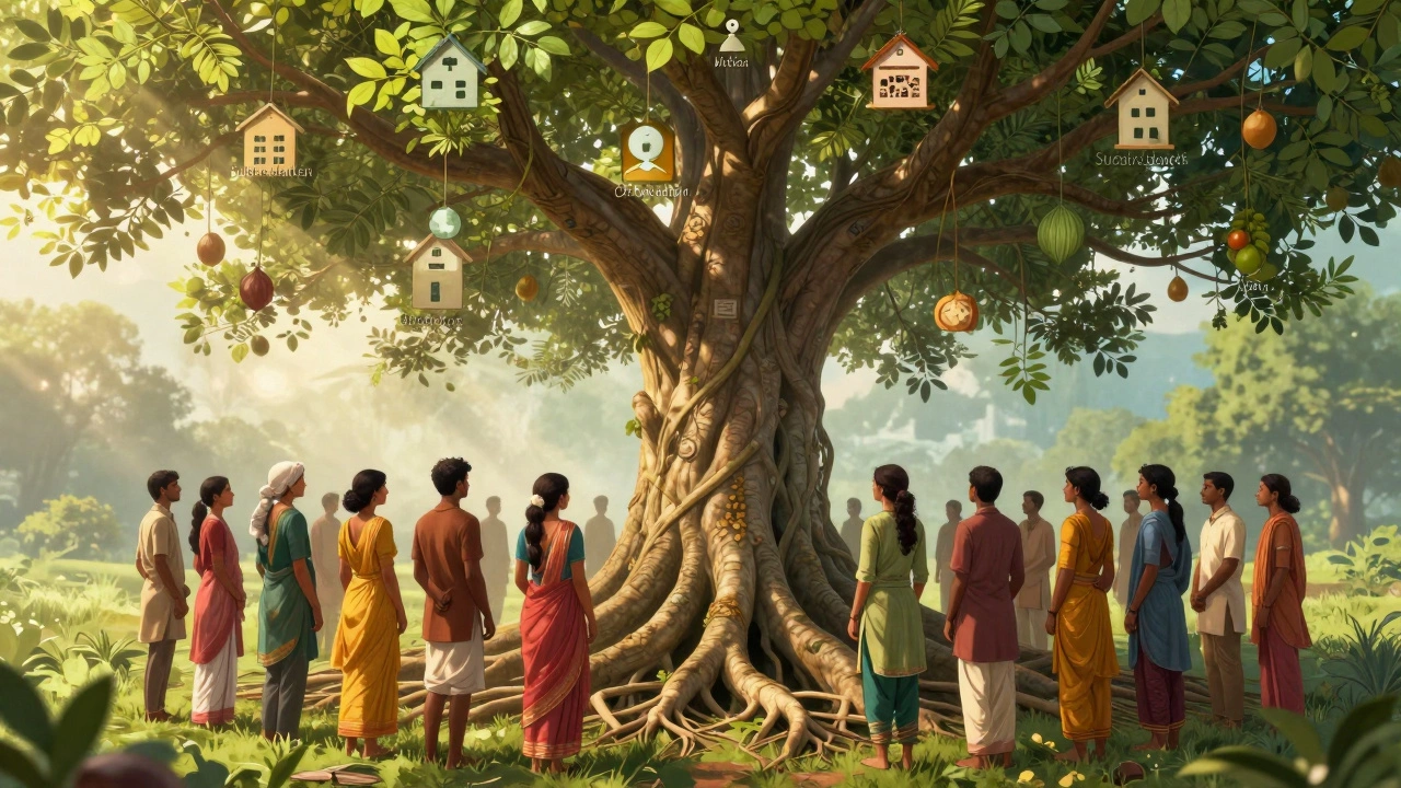 Community members forming roots of a tree symbolizing sustainable growth.