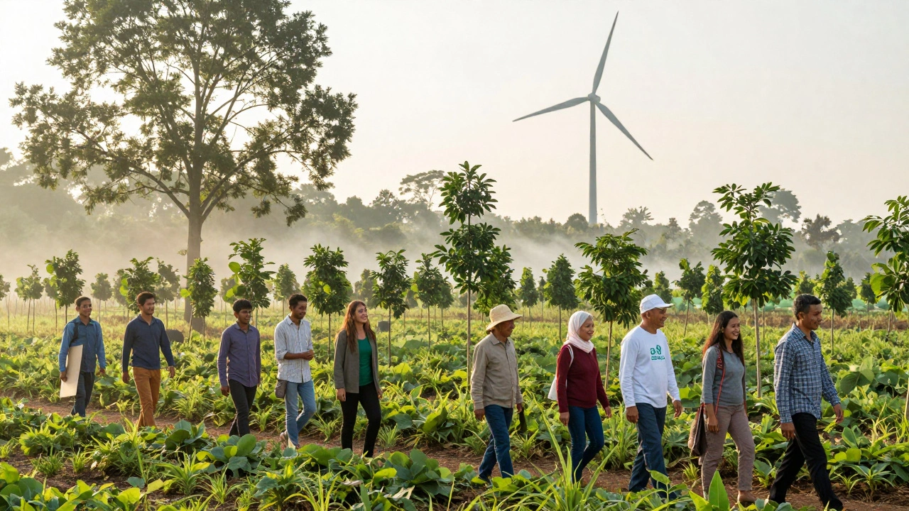 Community members walking through newly planted forest at sunrise