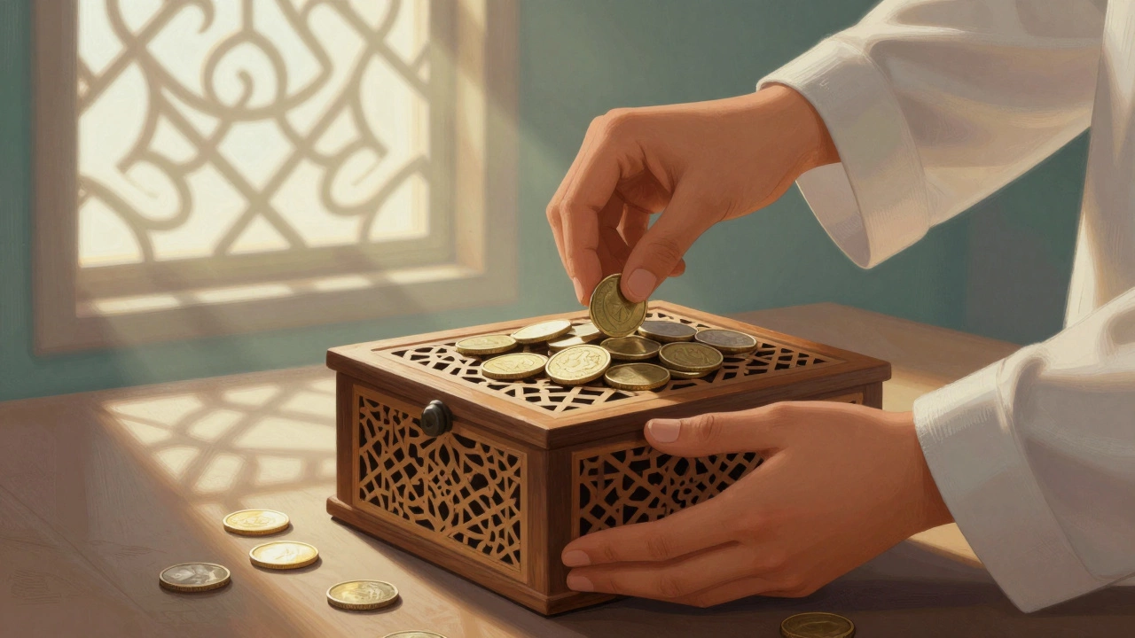 Hands placing coins into an ornate Islamic donation box, symbolizing Zakat.