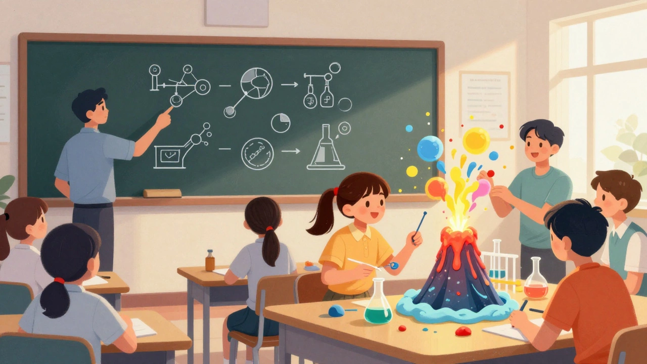 Illustration of students moving from classroom science lessons to a hands-on science fair project