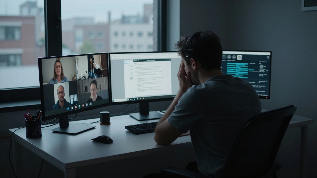 Lonely worker experiencing digital fatigue at desk