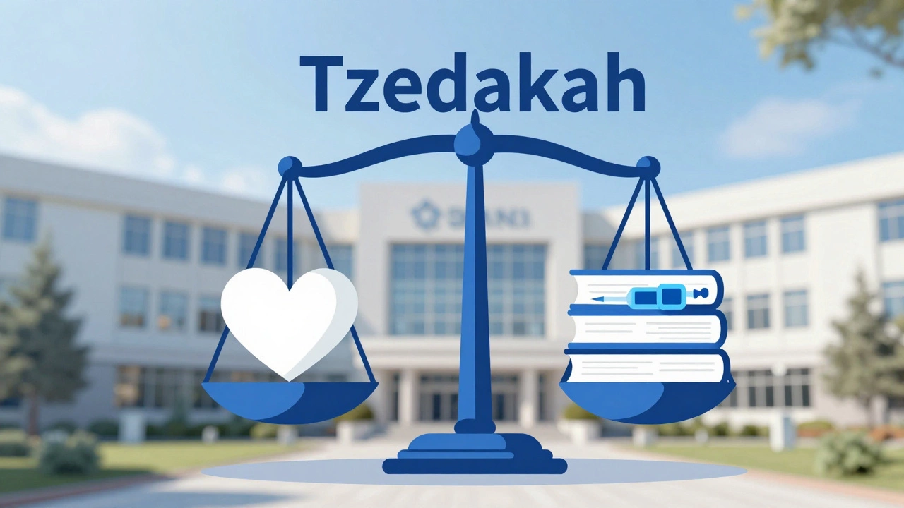 Symbolic scale balancing a heart with books and medical tools for Tzedakah.