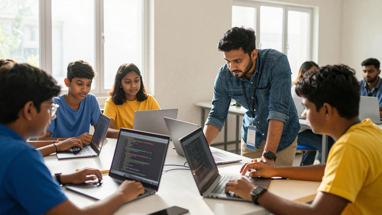 Teenagers learning coding skills from mentors in a community workshop.