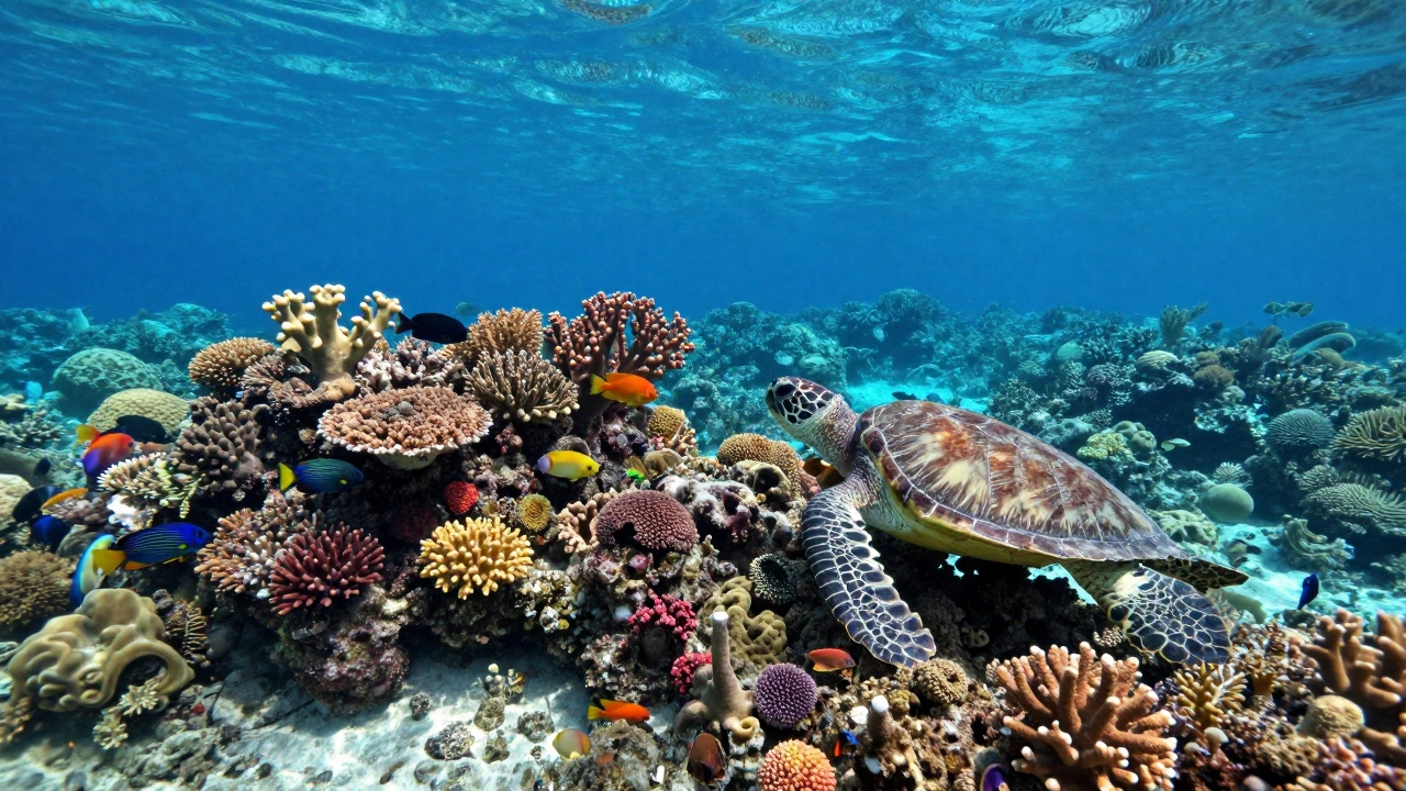 Vibrant underwater coral reef teeming with colorful fish and marine life