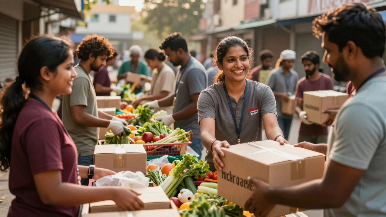 Volunteers sorting food and packing boxes at a busy community kitchen in India.