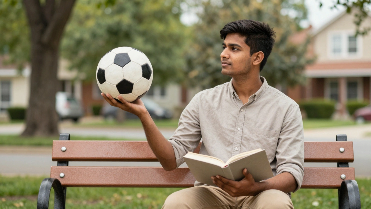 Young student relaxing on a park bench with a soccer ball and book, symbolizing balance