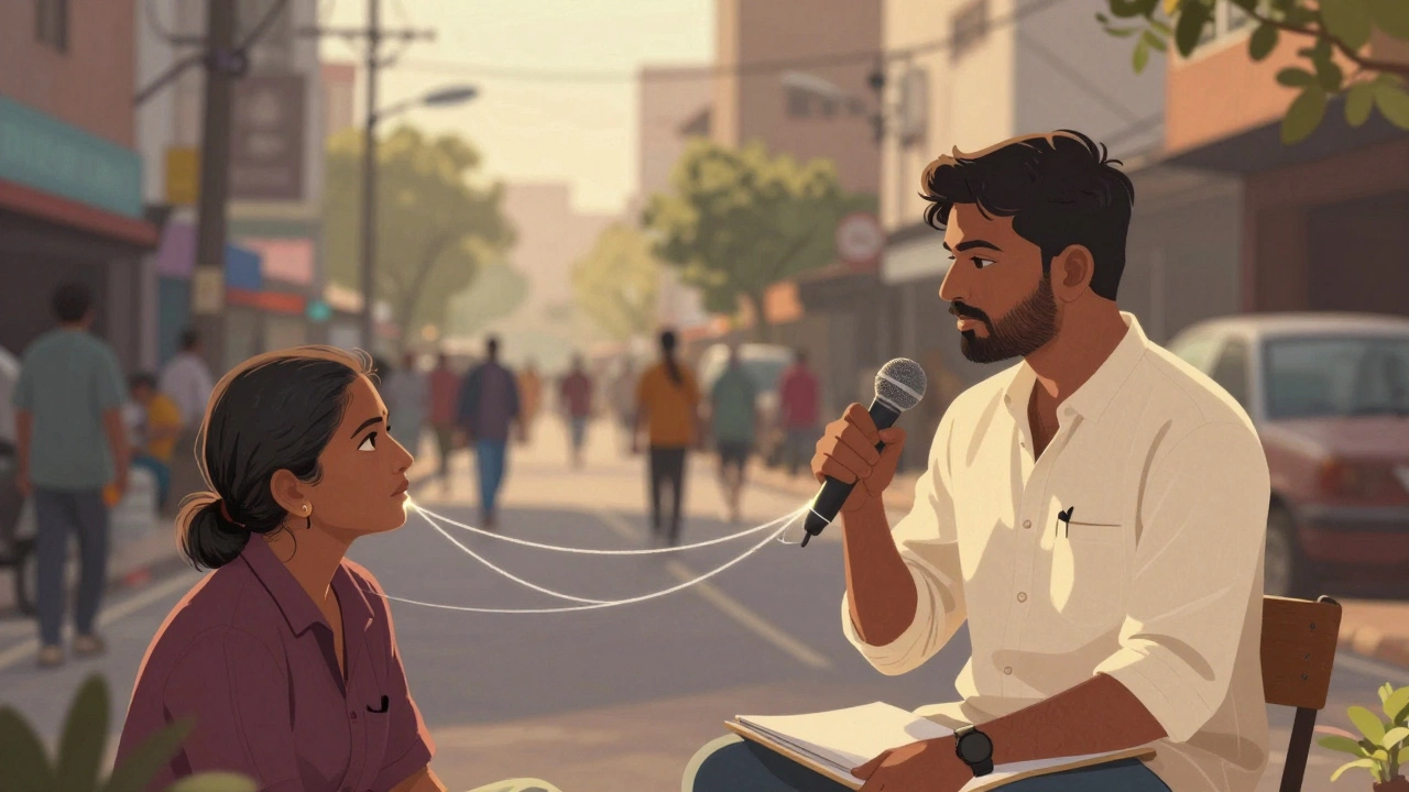 Community worker listening intently to resident in city