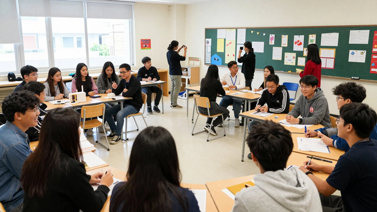 Diverse group of students collaborating and laughing during a club meeting.