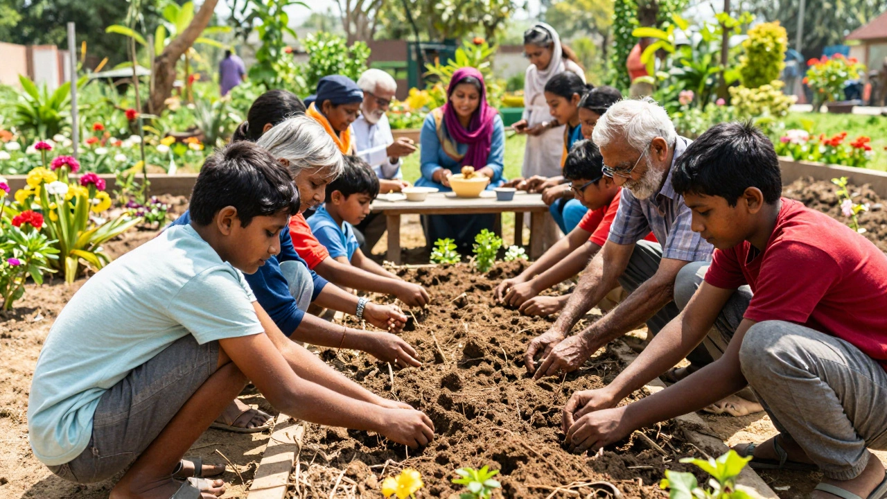 Hands planting seeds together in vibrant community garden