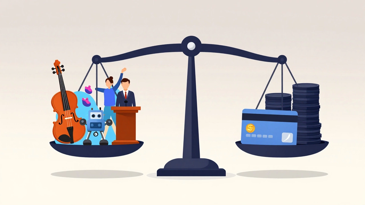 Illustration of a balance scale weighing extracurricular activities against money costs.