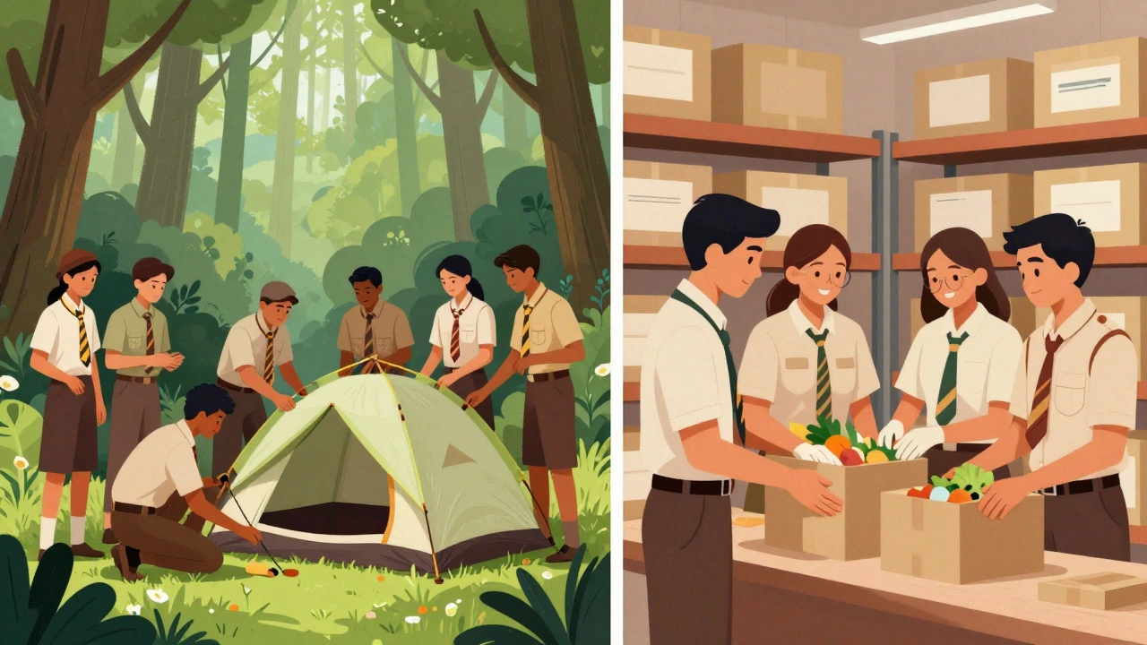 Indian youth groups camping in nature and volunteering at a food bank