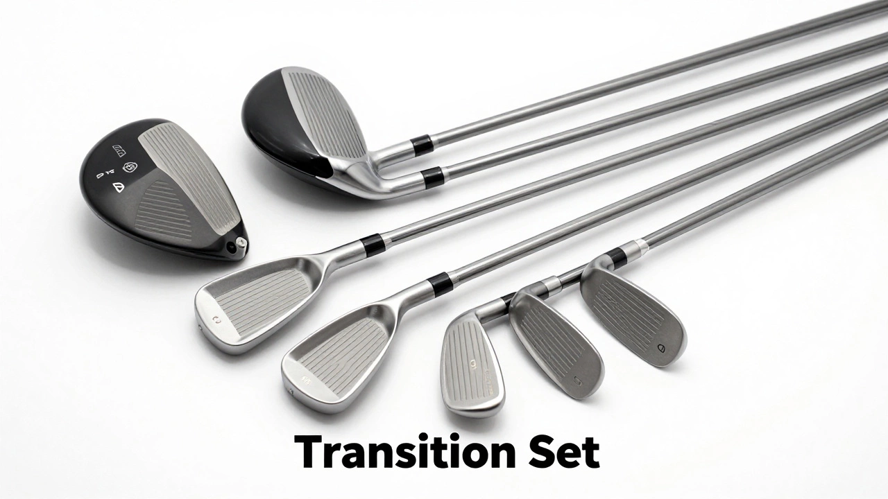 Sleek transition golf club set with graphite shafts on display