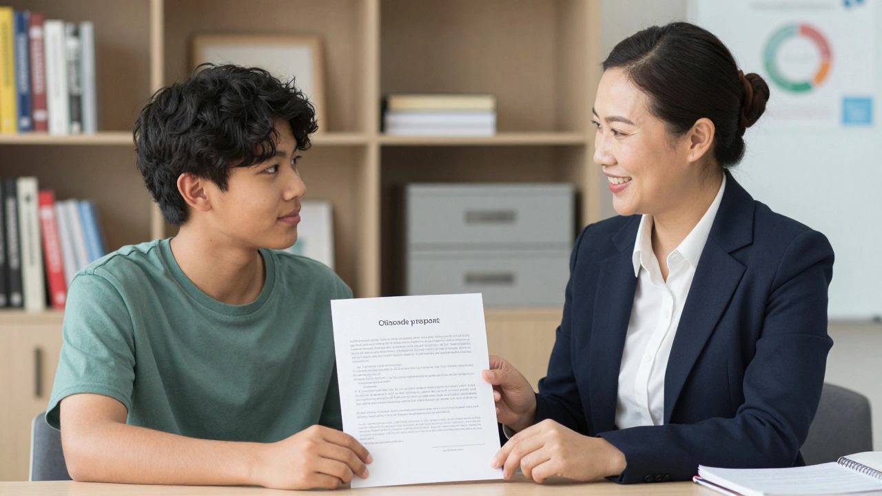 Student presenting a club proposal to a supportive teacher in an office.