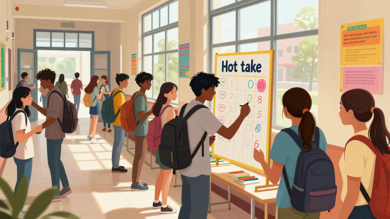 Students interacting enthusiastically at a vibrant club recruitment booth in a hallway