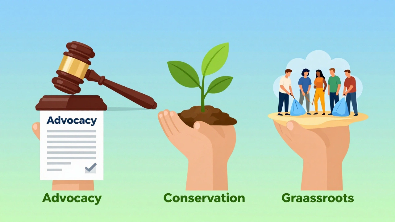 Symbolic illustration of advocacy, conservation, and grassroots action pillars.