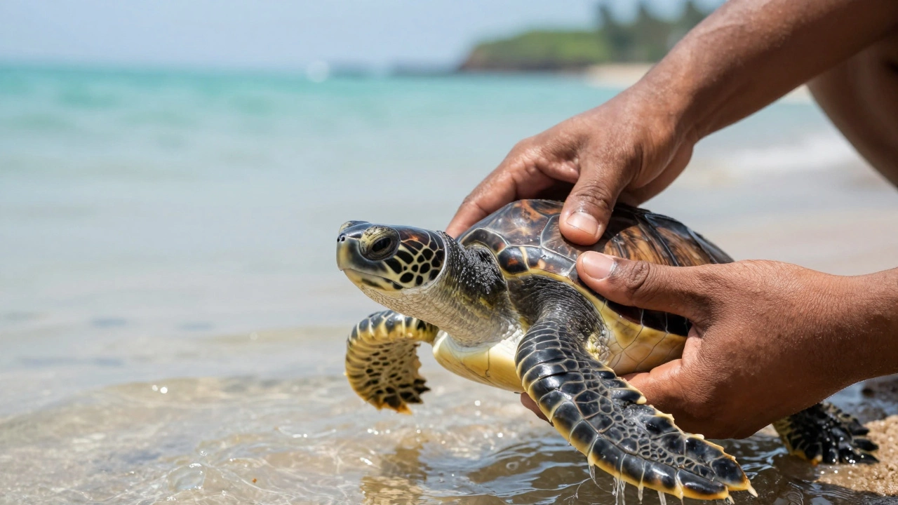 Volunteer releasing a rescued turtle into the ocean in Goa, showing direct conservation.