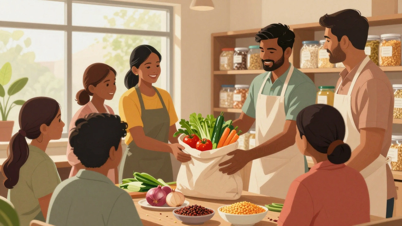 Volunteers distributing fresh vegetables and lentils at a food bank