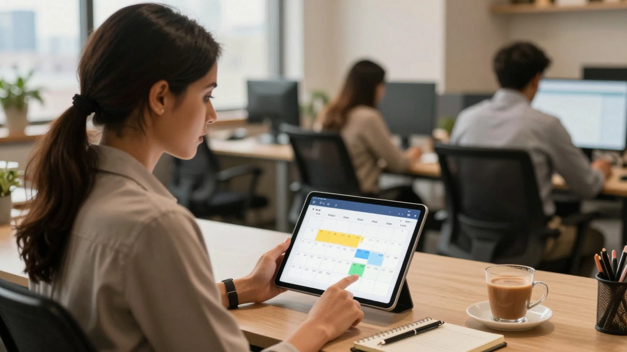 Woman planning volunteer schedule on tablet in a modern office