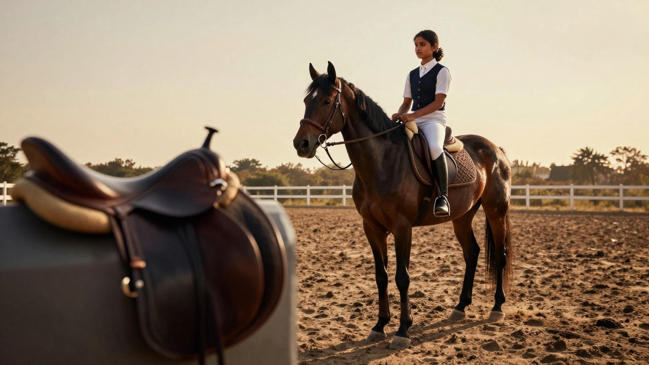 Young girl on horseback in an arena with expensive tack and gear in the foreground.
