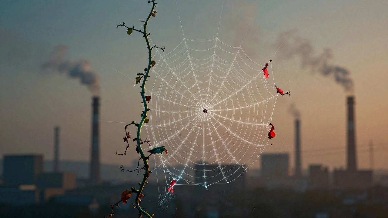 Abstract visual of a fraying ecological web unraveling against an industrial backdrop