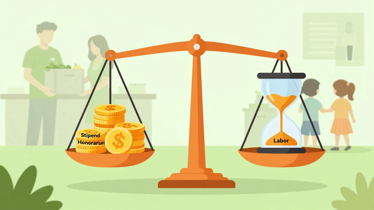Balance scale weighing stipends against labor hours with non-profit workers in background