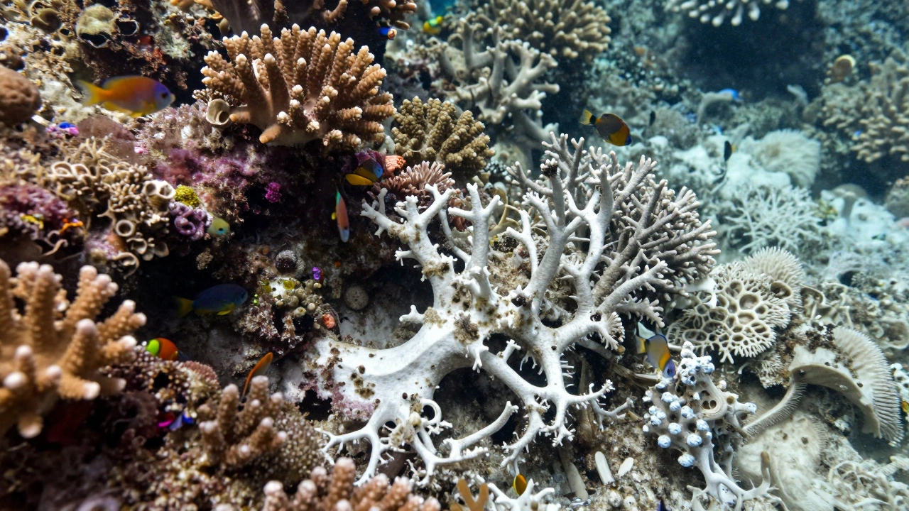 Close-up of bleached white coral reefs next to healthy colorful marine life