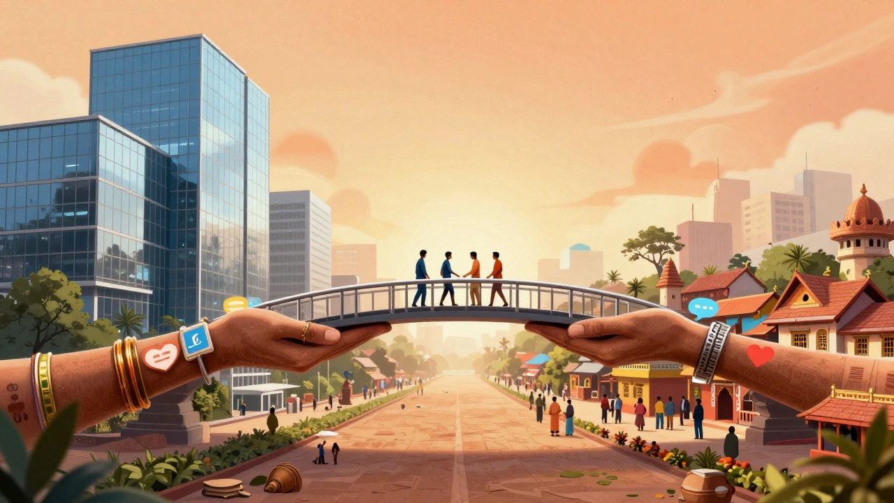 Illustration of a bridge connecting a modern office to a village