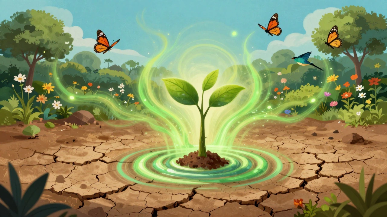 Illustration of a single tree planting triggering widespread ecological renewal