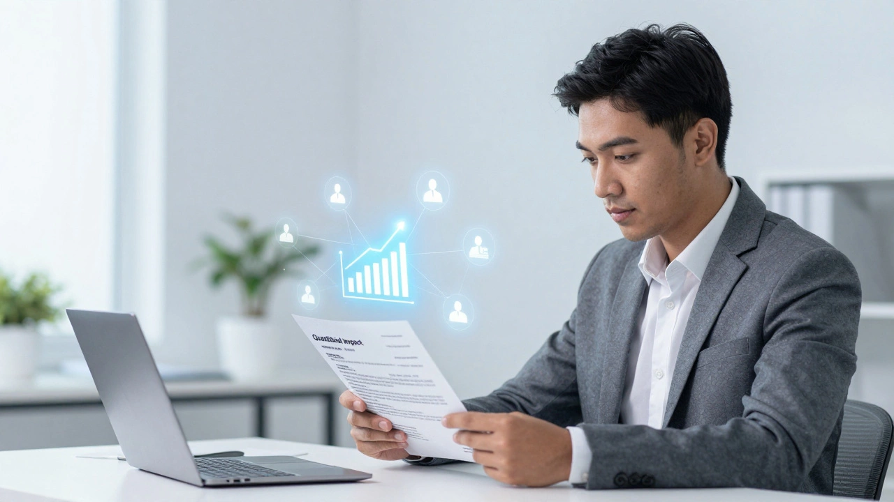 Professional reviewing documents with abstract data visualizations