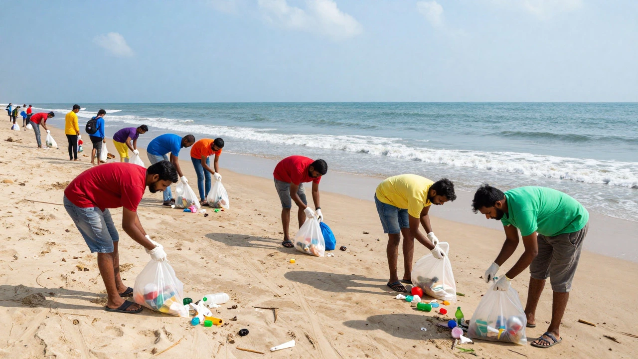 Volunteers collecting plastic waste during a beach cleanup in India