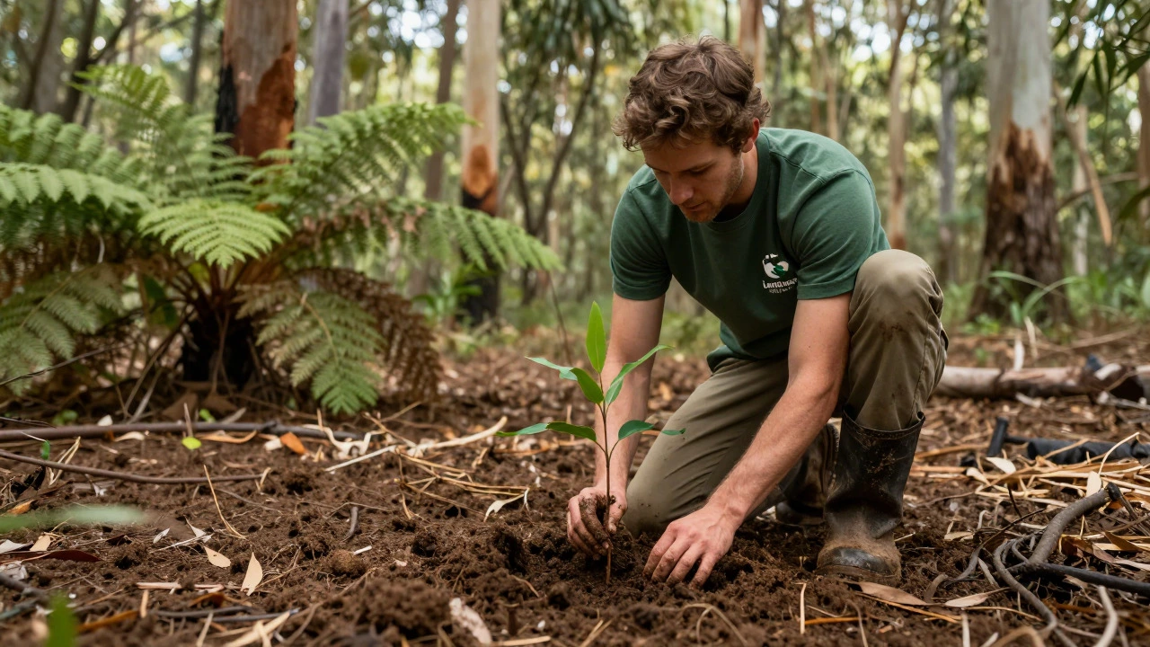 A person planting a native seedling in an Australian eucalyptus forest