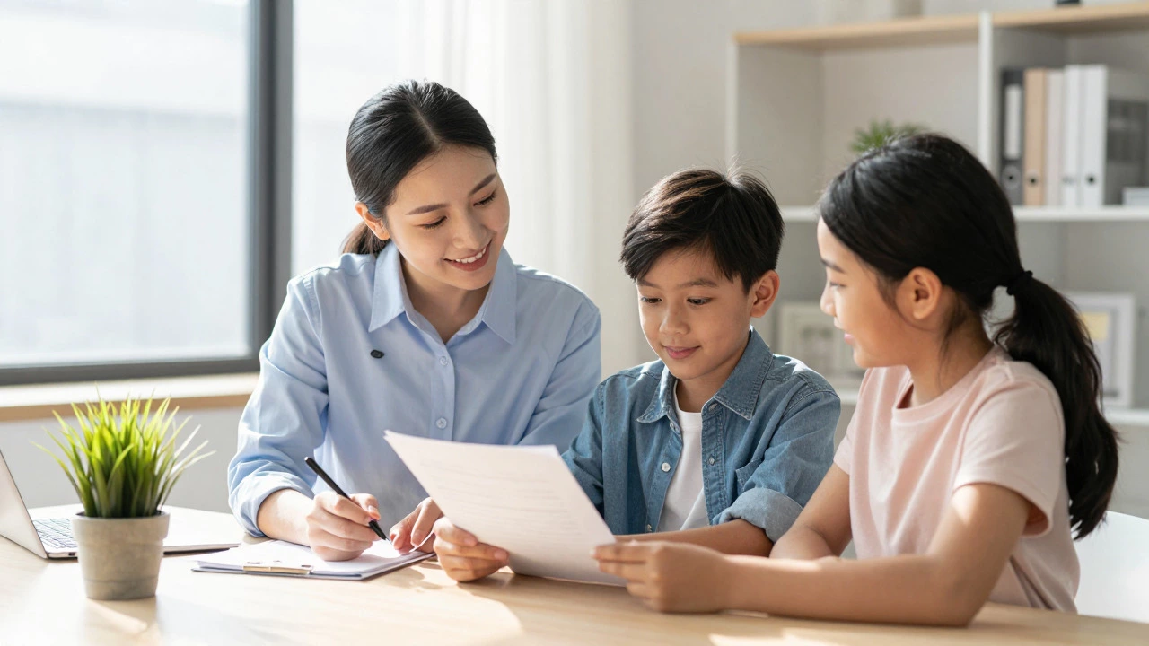 Case manager helping a family review housing documents in a bright office setting.