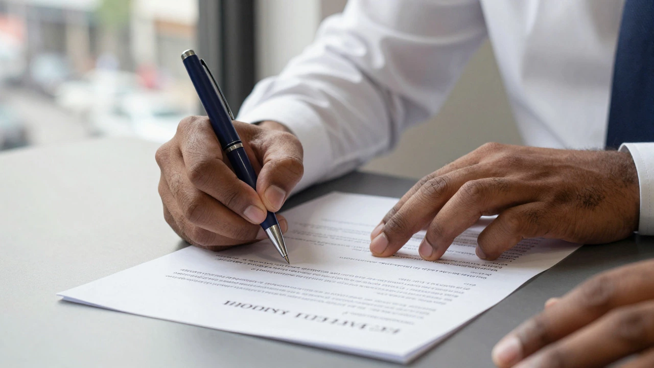 Close up of hands signing a document on a desk near a window