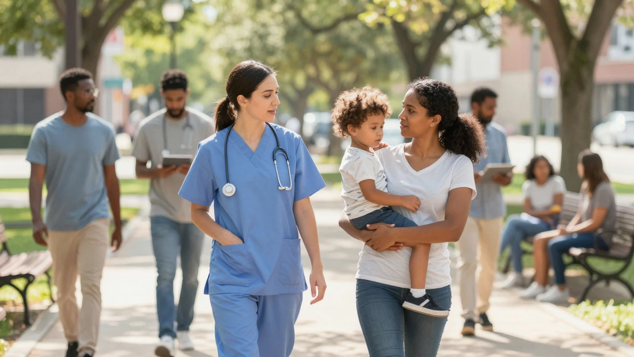Community health worker talking to a mother in a park