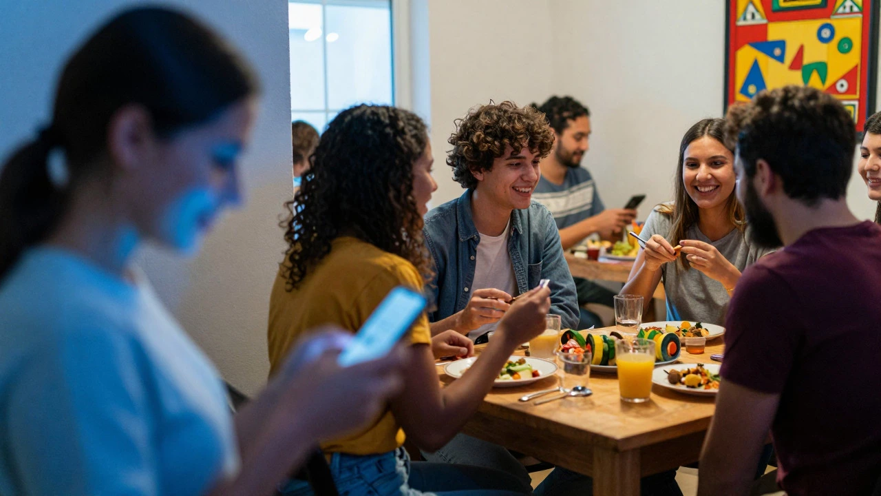 Contrast between isolated phone user and joyful group sharing a meal at a club.