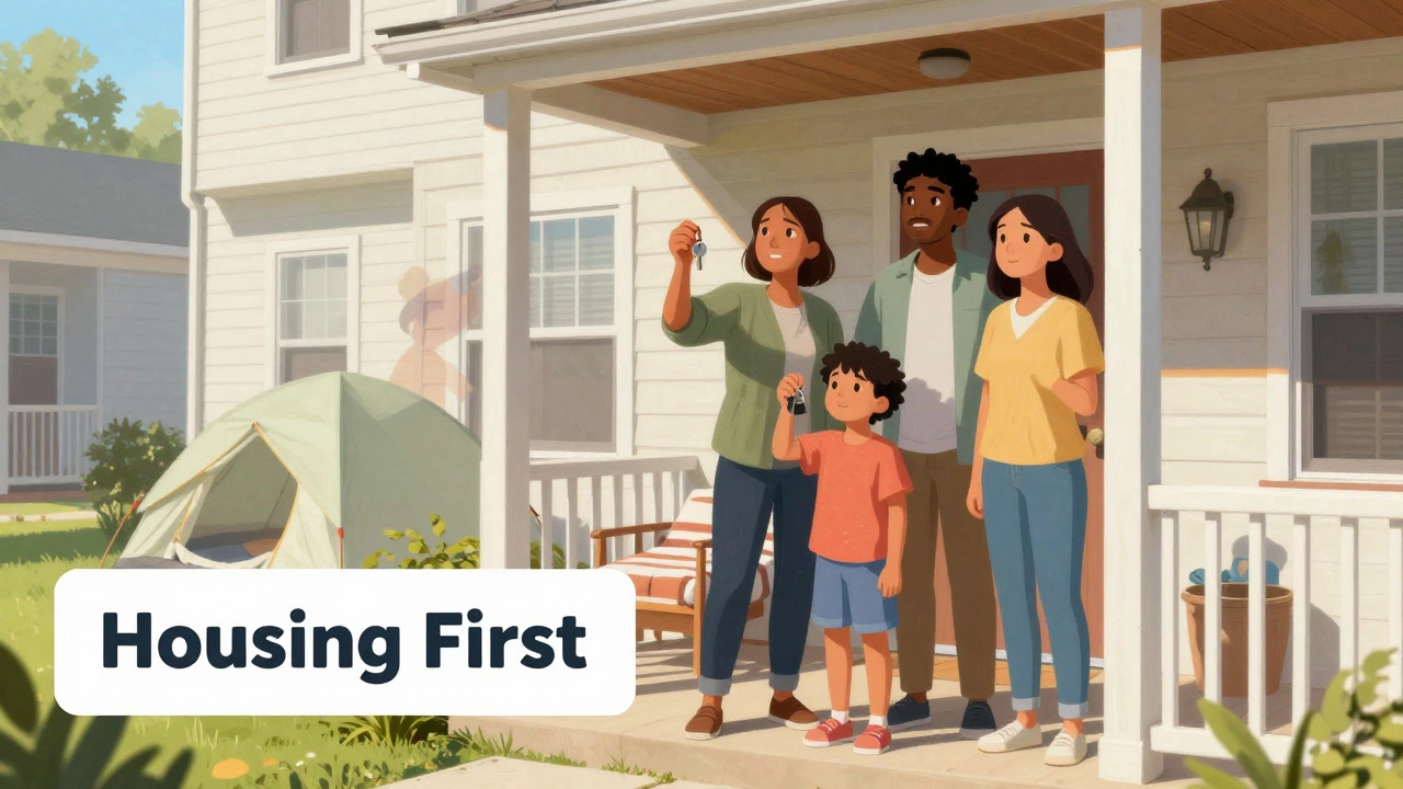 Family holding keys on porch of new apartment, symbolizing stable housing