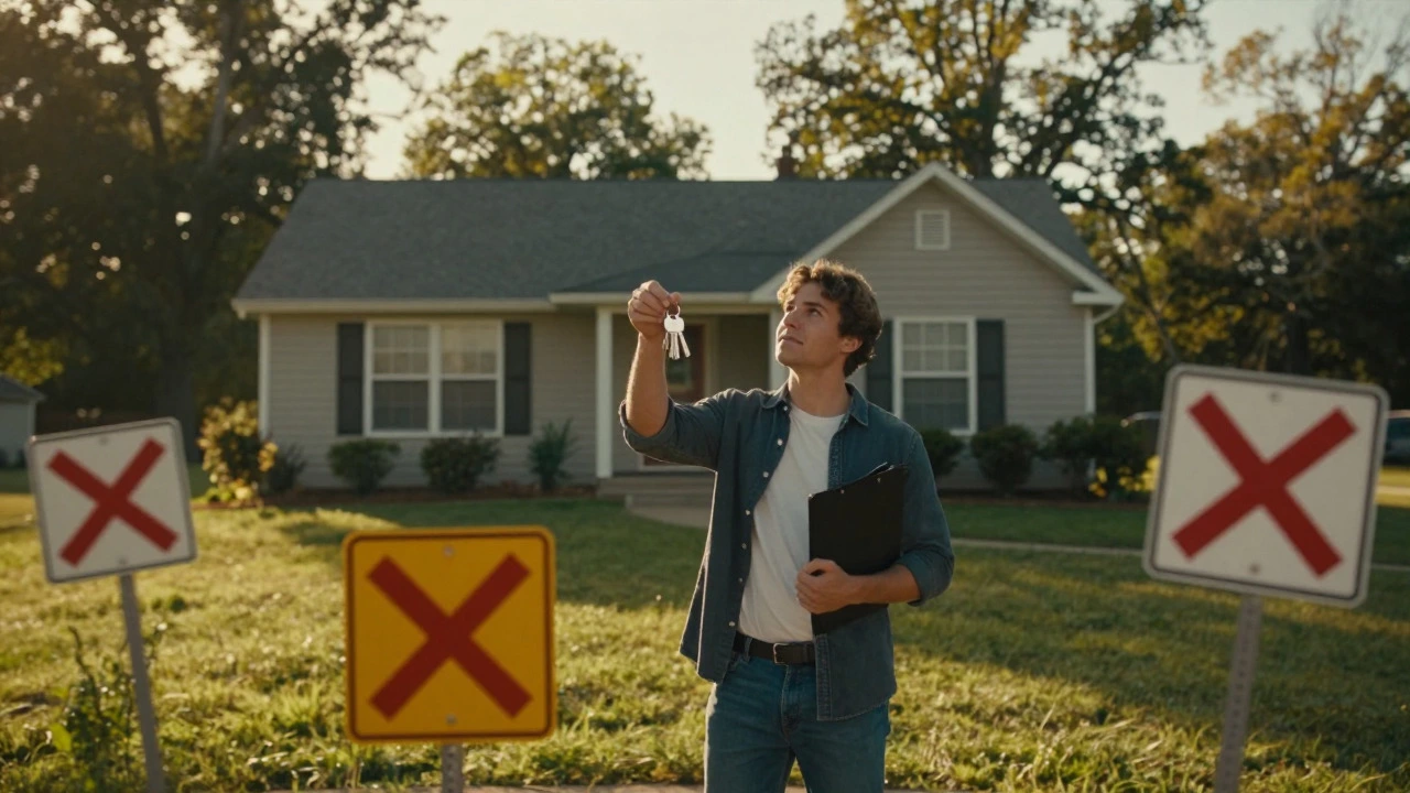 Happy buyer holding keys outside new rural Arkansas home