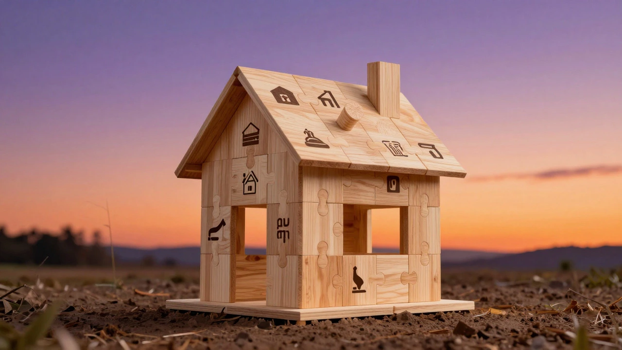 Illustration of a house made of puzzle pieces at dawn